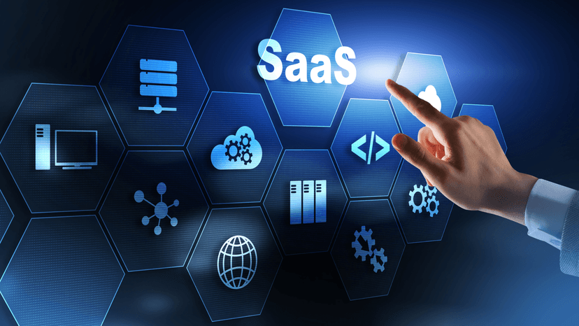 Graphic with 10 tech icons, the word SaaS, and a hand pointing
