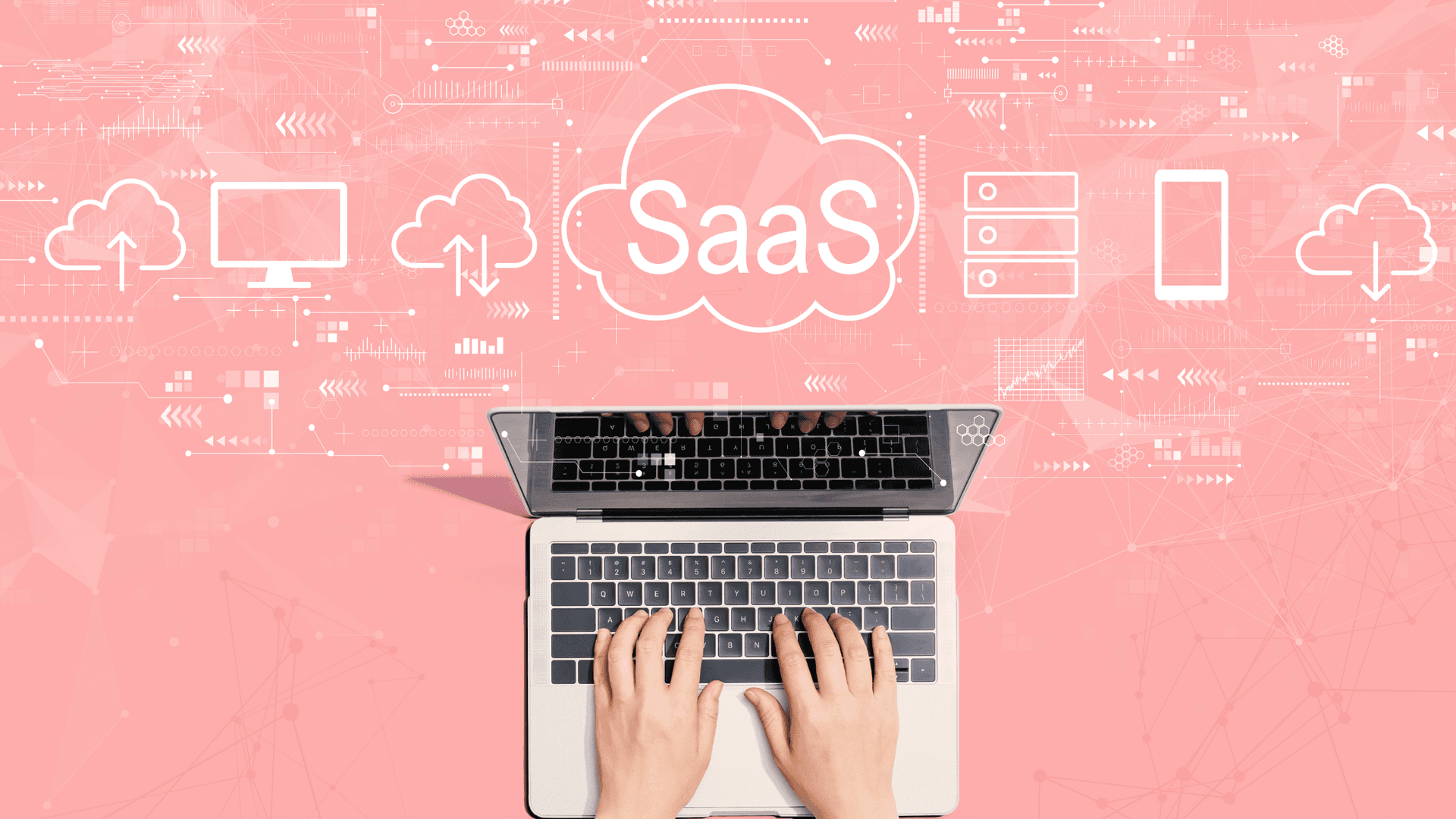 hands on laptop with floating SaaS graphics