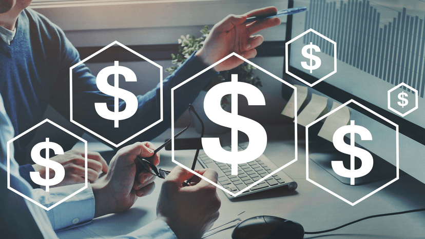 business meeting participants looking at computers screen, images of $ floating