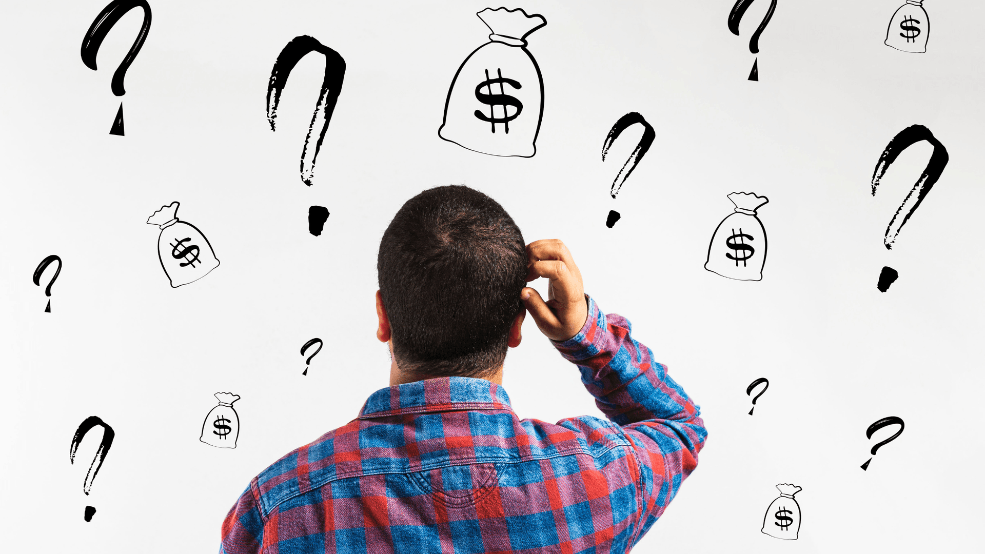 man looking at floating questions marks and money bags