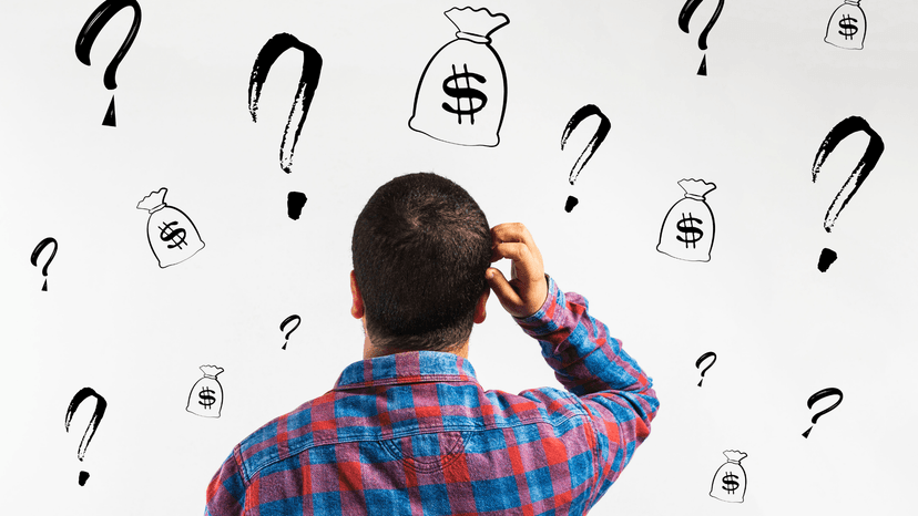 man looking at floating questions marks and money bags