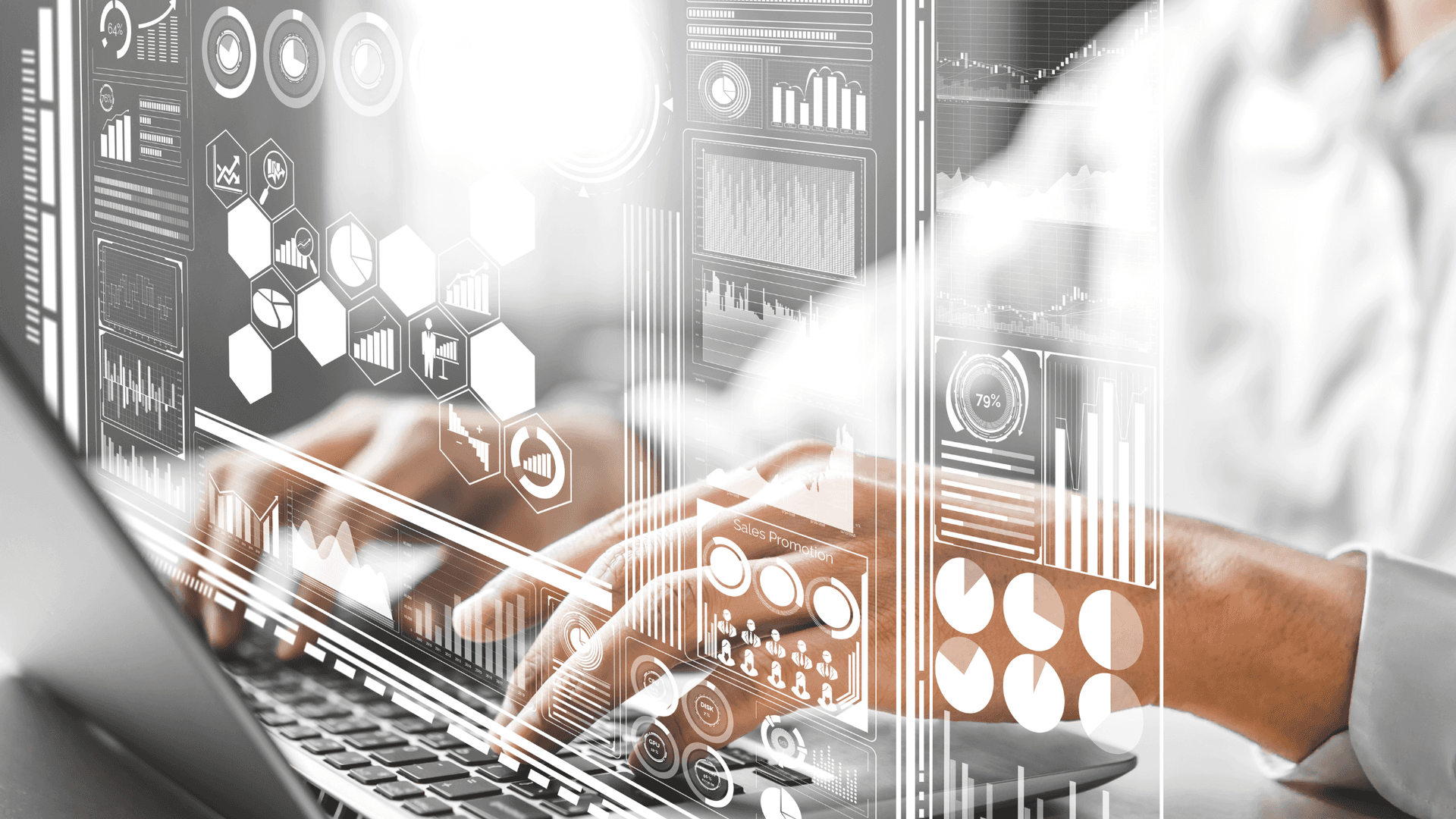 hands typing on keyboad with digital overlay