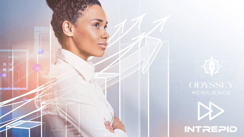 Confident businesswoman looking forward with growth arrows and digital financial graphics