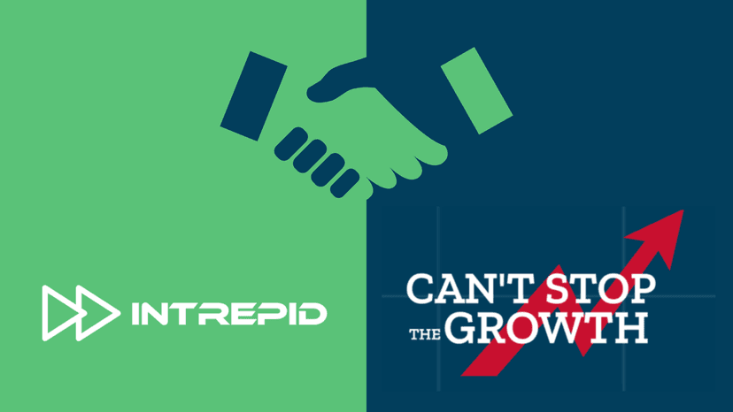 Illustration of a partnership between Intrepid Finance and Can't Stop The Growth, featuring a handshake graphic and both company logos on a split green and blue background.