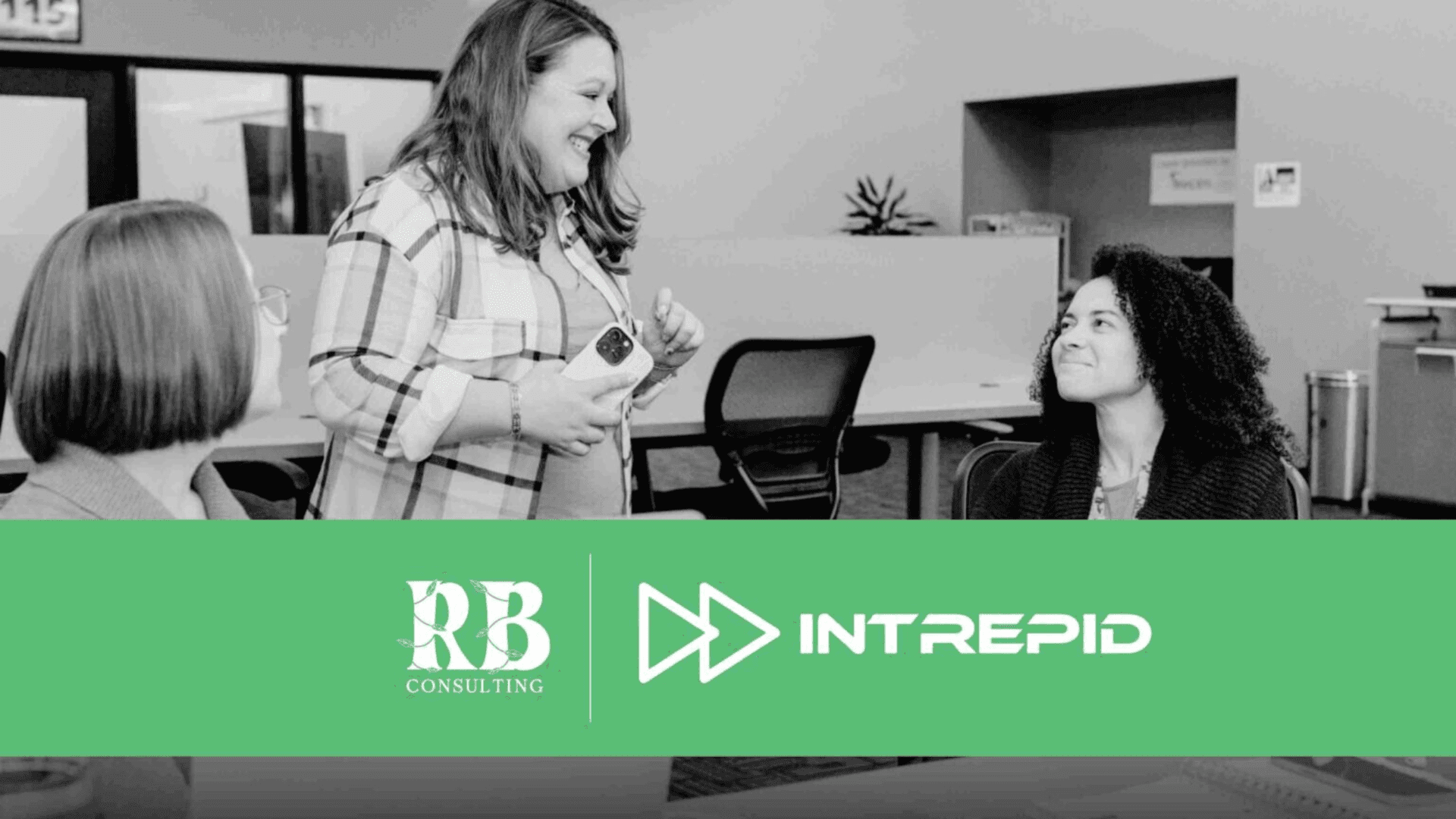 Rebecca Bormann of RB Consulting smiling and talking with colleagues during a business strategy session, co-branded with Intrepid Finance