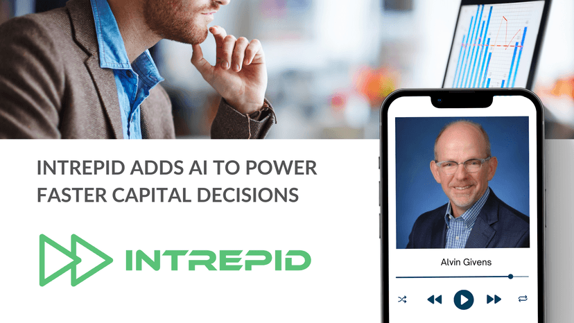 Alvin Givens featured alongside headline 'Intrepid adds AI to power faster capital decisions' with Intrepid logo and data chart in background.
