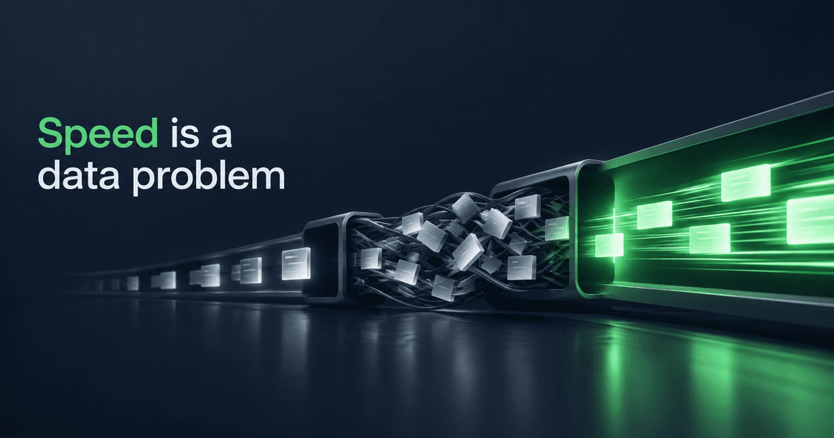 A data pipeline moving from a slow tangle into a bright green fast lane, headline 'Speed is a data problem' - improving loan underwriting speed.