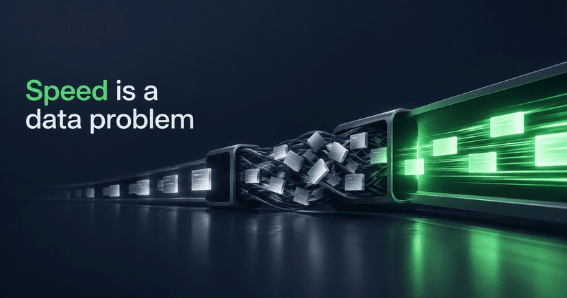 A data pipeline moving from a slow tangle into a bright green fast lane, headline 'Speed is a data problem' - improving loan underwriting speed.