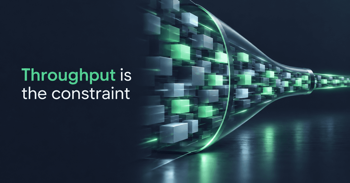 A converging pipeline carrying high volumes of luminous data blocks, headline 'Throughput is the constraint' - scaling with private credit growth.