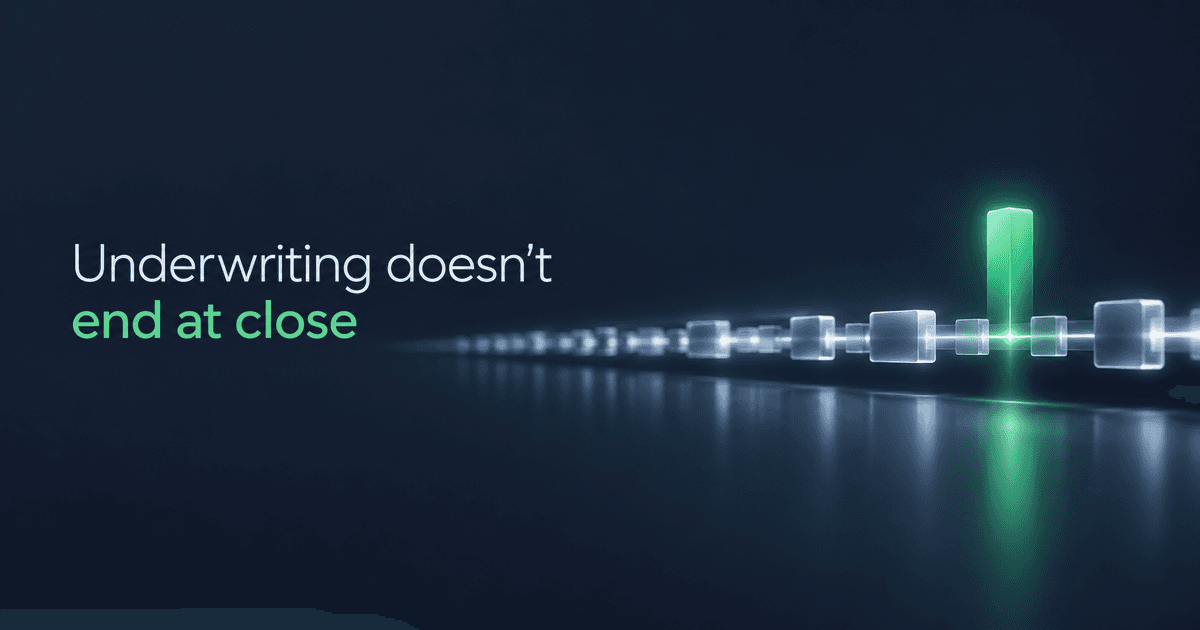 A steady glowing data stream with a green early-warning pulse, headline 'Underwriting doesn't end at close' - continuous loan portfolio monitoring.